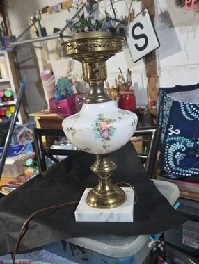 Vintage Milk Glass Brass Converted Hurricane Lamp On Marble Stand To Electric
